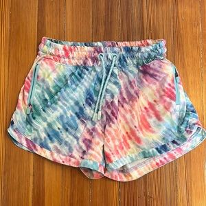 Athleta Girl All Play 3” inseam shorts, rainbow tye-dye, size 12